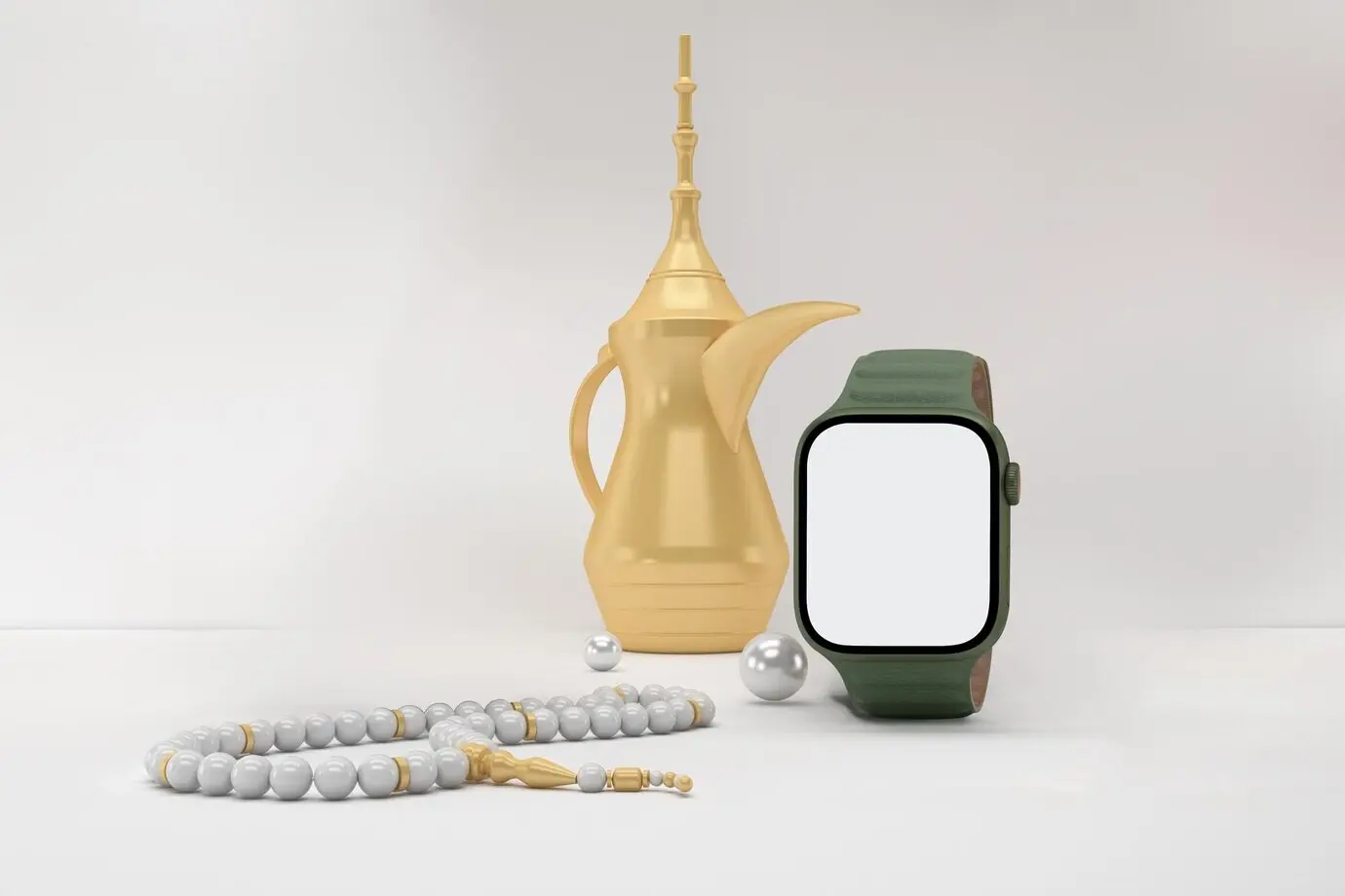 Vorderansicht einer Eid-Smartwatch und eines Rosenkranzes vor weißem Hintergrund.