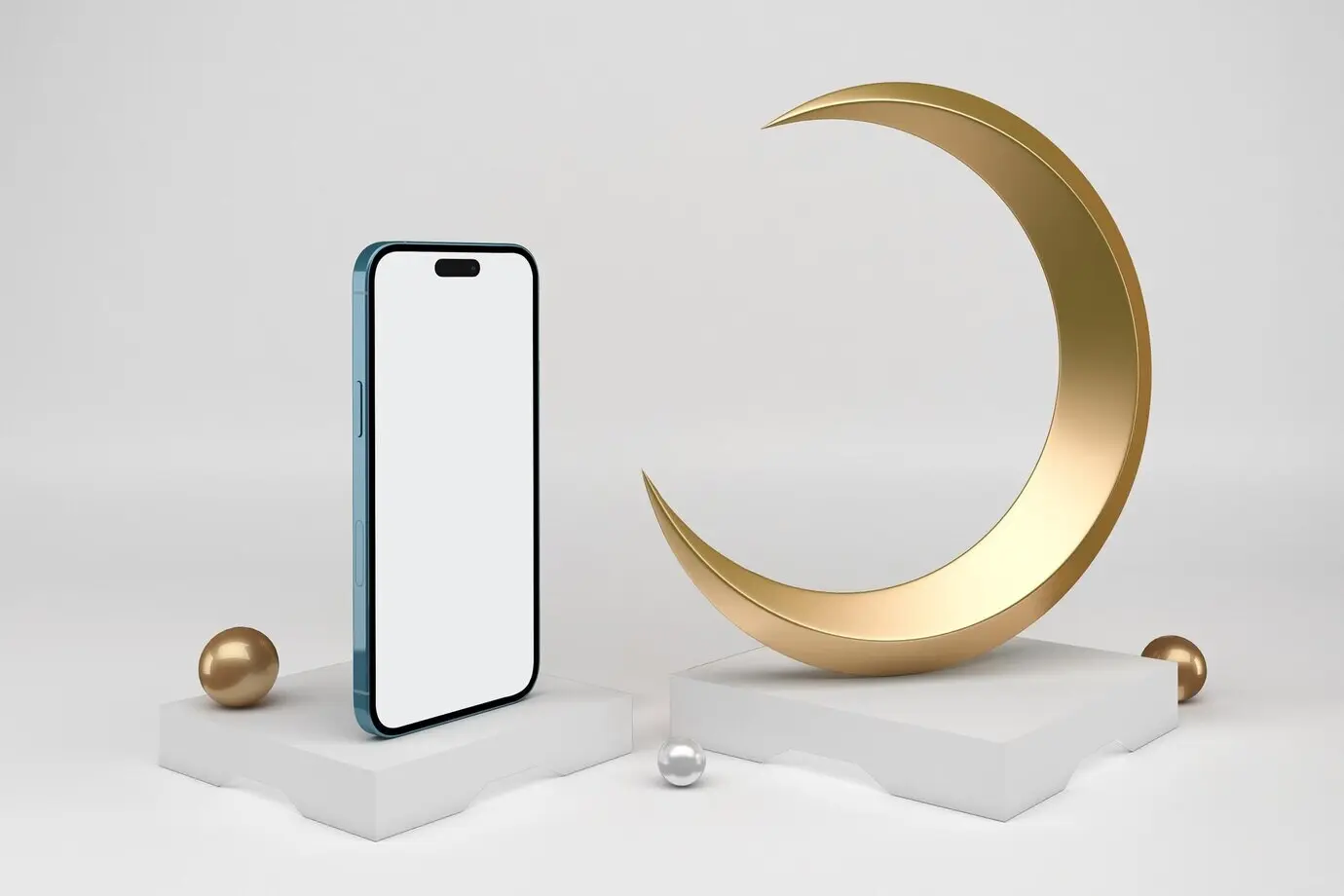 Ramadan-Phone-14-App und Mondsichel auf der linken Seite vor weißem Hintergrund